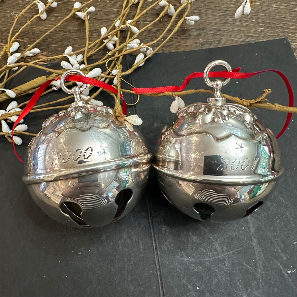 Reed & Barton 2000 - 2001 Vintage Holly Bells Silver Plated Ornaments 2-Pc